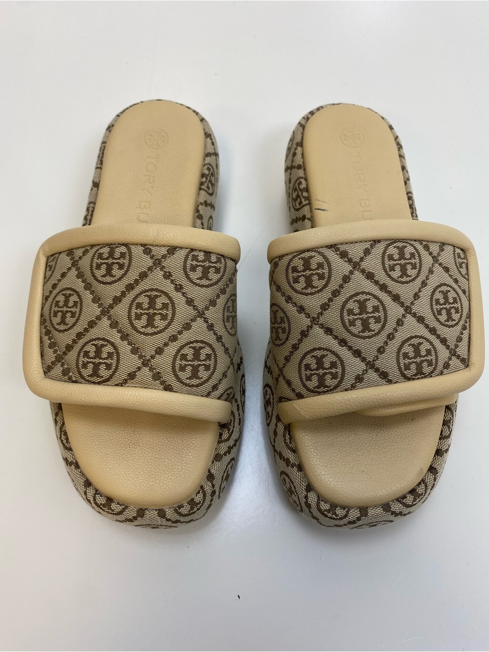 Tory Burch Tan Canvas Logo Slide Sandals